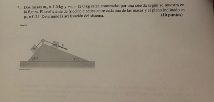 Dos masas mA = 1.0 kg y m la figura. El coeficiente de fricción cinética entre cada una de las masas y el plano inclinado es με = 12.0 kg están conectadas por una cuerda según se muestra en (10 puntos) 4. 0.25. Determine la aceleración del sistema. 21