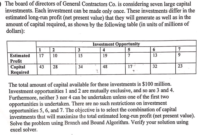The board of directors of General Contractors Co. is considering seven large capital investments. Each investment can be made