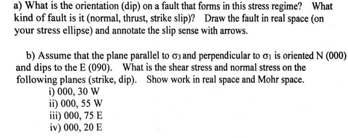 a) What is the orientation (dip) on a fault that forms in this stress regime? What kind of fault is it (normal, thrust, strik