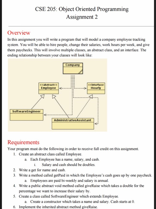 CSE 205: Object Oriented Programming Assignment 2 Overvievw In this assignment you will write a program that will model a company employee tracking system. You will be able to hire people, change their salaries, work hours per week, and give them paychecks. This will involve multiple classes, an abstract class, and an interface. The ending relationship between your classes will look like: Com 4cabstract>> ccinterface) SoftwareEngineer AdministrativeAssistant Requirements Your program must do the following in order to receive full credit on this assignment. 1. Create an abstract class called Employee Each Employee has a name, salary, and cash. i. Salary and cash should be doubles. a. 2. Write a get for name and cash. 3. Write a method called getPaid in which the Employees cash goes up by one paycheck Employees are paid bi-weekly and salary is annual a. Write a public abstract void method called giveRaise which takes a double for the percentage we want to increase their salary by Create a class called SoftwareEngineer which extends Employee 4. 5. a. Create a constructor which takes a Implement the inherited abstract method giveRaise name and salary. Cash starts at 0 6.