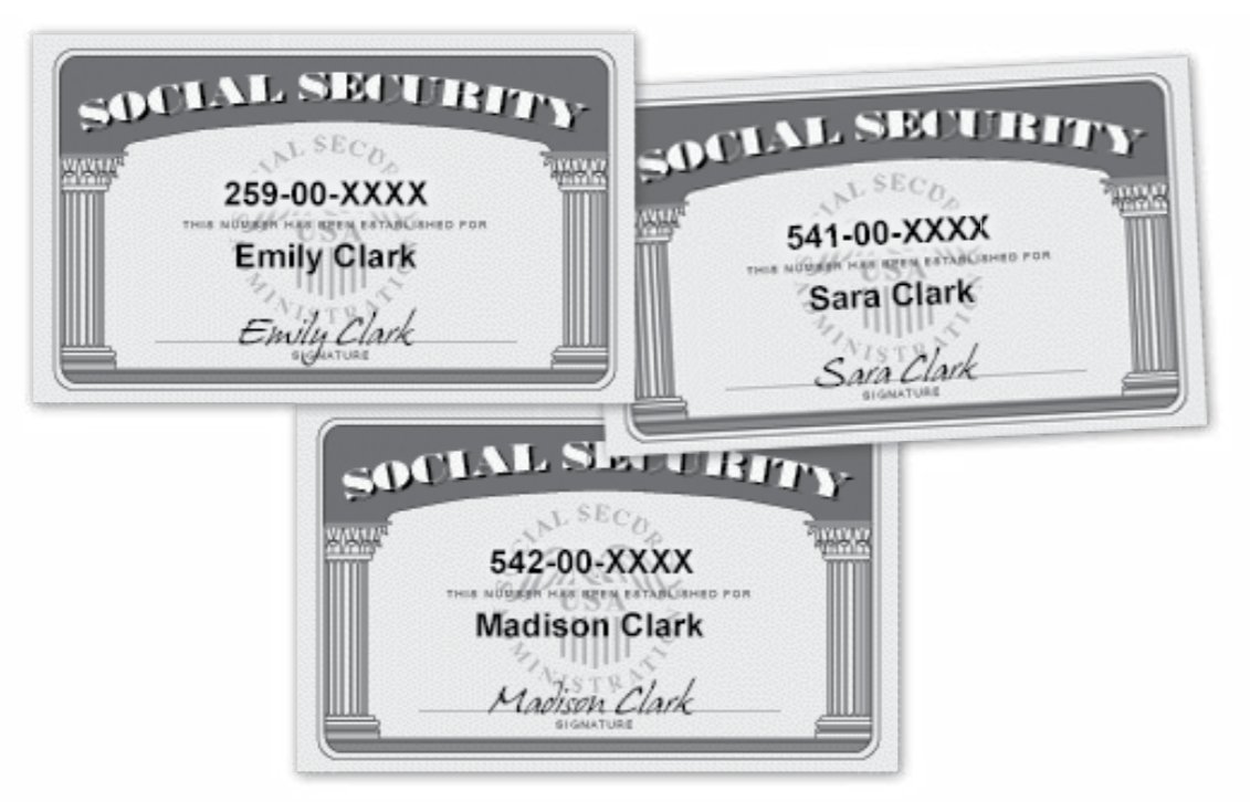SECURIT》 SOCIAL 259-00-XXXX Emily Clark Eauila Cla SECO 541-00-XXXX Sara Clark Sara SOCIALS NL SEC 542-00-XXXX Madison Clark SIGNATURE