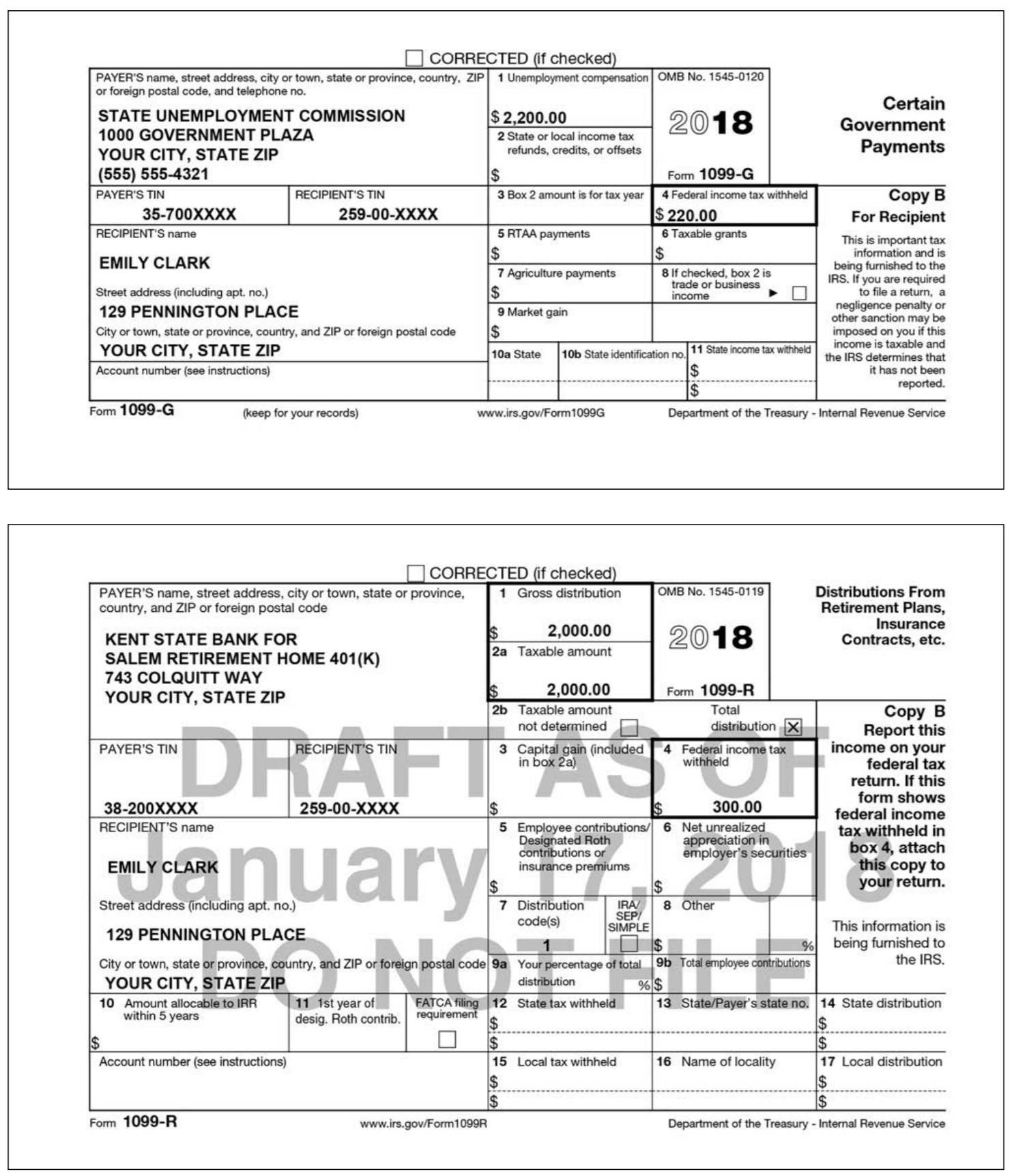 CORRECTED (if checked PAYERS name, street address, city or town, state or province, country, ZIP1 Unemployment compensation OMB No. 1545-0120 or foreign postal code, and telephone no. STATE UNEMPLOYMENT COMMISSION 1000 GOVERNMENT PLAZA YOUR CITY, STATE ZIP (555) 555-4321 PAYERS TIN ertain Government $2,200.00 2018 2 State or local income tax refunds, credits, or offsets Payments Form 1099-G 4 Federal income tax withheld $220.00 ору В For Recipient RECIPIENTS TIN 3 Box 2 amount is for tax year 35-700XXXX 259-00-XXXX RECIPIENTS name 5 RTAA payments This is important tax information and is being furnished to the IRS. If you are required EMILY CLARK 7 Agriculture payments 8 If checked, box 2 is trade or business Street address (including apt. no.) 129 PENNINGTON PLACE City or town, state or province, country, and ZIP or foreign postal code YOUR CITY, STATE ZIP Account number (see instructions) 9 Market gain $ 10a State 10b State identification no negligence penalty or other sanction may be on you if this income is taxable and the IRS determines that it has not been reported. im 11 State income tax withheld Fom 1099-G (keep for your records) www.irs.gov/Form 1099G Department of the Treasury-Internal Revenue Service CORRECTED (if checked Distributions From Retirement Plans Insurance Contracts, etc OMB No. 1545-0119 PAYERS name, street address, city or town, state or province, country, and ZIP or foreign postal code 1 Gross distribution 2018 2,000.00 KENT STATE BANK FOR SALEM RETIREMENT HOME 401(K) 743 COLQUITT WAY YOUR CITY, STATE ZIP 2a Taxable amount 2.000.00 Taxable amount not determined Form 1099-R 2b distribution X Report this income on your PAYERS TIN RECIPIENTS TIN 3 Capital gain (included 4 Federal income tax withheld return. If this form shows federal income tax withheld in box 4, attach 38-200XXXX RECIPIENTS name 300.00 5 Employee contributions/ 6 Net unrealized 259-00-XXXX appreciation in employers securities uary. contributions or insurance premiums this copy ft EMILY CLARK your return. Street address (including apt. no.) 7 Distribution code(s) RA 8 Other SEP This information is being furnished to SIMPLE 129 PENNINGTON PLACE 1 City or town, state or province, country, and ZIP or foreign postal code 9a Your percentage of total 9b Total employee contributions YOUR CITY, STATE ZIP 10 Amount allocable to IRR distribution 11 1st year FATCA filing 12 State tax withheld13 State/Payers state no. 14 State distribution desig. Roth contrib. requirement within 5 years Account number (see instructions) 15 Local tax withheld 16 Name of locality 17 Local distribution Fom 1099-R www.irs.gov/Form1099R Department of the Treasury-Internal Revenue Service