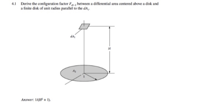 1 Derive the configuration factor F between a differential area centered above a disk and a finite disk of unit radius parallel to the dA dA A2 Answer: P+