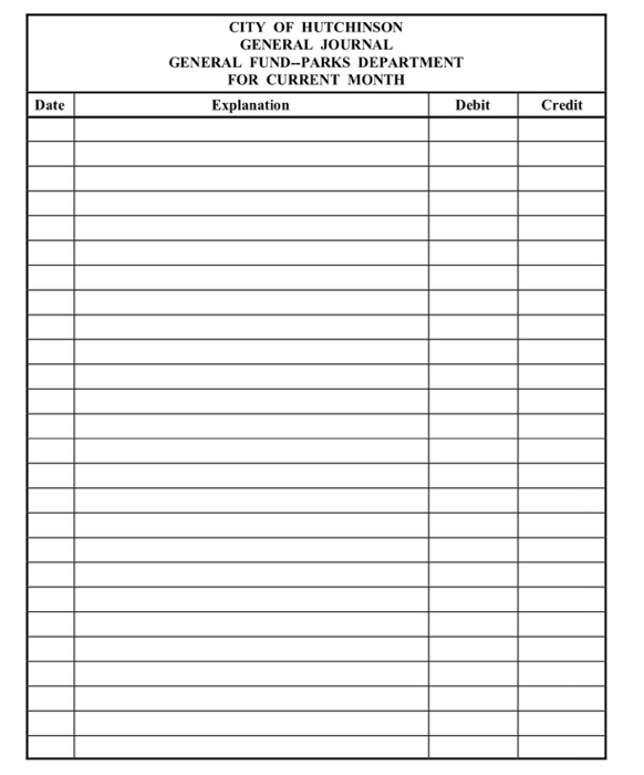 CITY OF HUTCHINSON GENERAL JOURNAL GENERAL FUND-PARKS DEPARTMENT FOR CURRENT MONTH Date Explanation Debit Credit