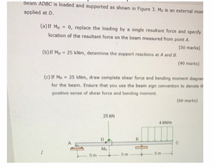 beam ADBC is loaded and supported as shown in Figure 3. Mo is an external mom applied at D (a)If Mo 0, replace the loading by