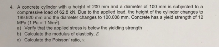 4. A concrete cylinder with a height of 200 mm and a diameter of 100 mm is subjected to a compressive load of 62.8 kN. Due to