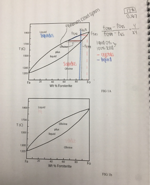 0.107 P Closed System for-fors fes ay 1900 1700 T (C) plus 1500 liquid Sohidus Olvine 1300 1205 20 Fo Fa46080 wt % Forsterite FIG 1A 1900 Liquid 1700 Olivine T (C) plus 1500 liquid 1300 Olivine Fa 20 40 60 80 80 Fo wt % Forsterite FIG 1b