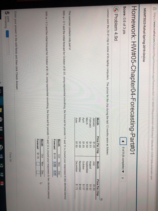 凸https://www.m MGMT3523-Rahal-Spring-2019-Online Homework: HW#05-Chapter04-Forecasting-Part#01 tud Score: 0.6 of 3 pts Problem 4.9d Lenovo uses the ZX-81 chip in some of its laptop computers. The prices for the chip during the last 12 months were as follows Price Per Chip $1.80 $1 82 $1.60 $1.57 $1.62 $1.75 Month Price Per Chip Month February $1 61 $1.60 August September October $1.85 $1.90 $1.95 December This exercise contains only part od With a 0 1 and the initial forecast for October of $1 81, using exponential smoothing, the torecast for penods 11 and 12 s (round your responses to two decimal places) Month Oct Nov Dec Forecast $1.811.79 1.77 With a 0 3 and the intiat torocast tor ctober of s1 76, using exponential smoothing, the torecast for perods 11 and 12 is round your responses to tmo deomal places!) With α :: O 3 and the initial forecast for Month Forecast $1.76 Enter your answer in the edit fields and then click 5