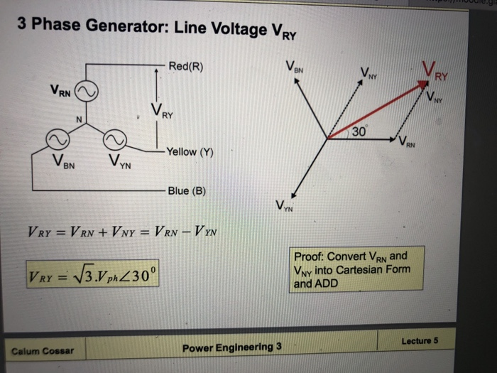e.gi 3 Phase Generator: Line Voltage VRY Red(R) Ve RN VRY Yellow (Y) VBN V YN Blue (B) Vyw Proof: Convert VRN and VY into Cartesian Form and ADD 3.F Lecture 5 Calum Cossar Power Engineering 3