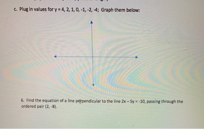 c. Plug in values for y- 4, 2, 1, 0,-1,-2,-4; Graph them below: 6. Find the equation of a line perpendicular to the line 2x-S